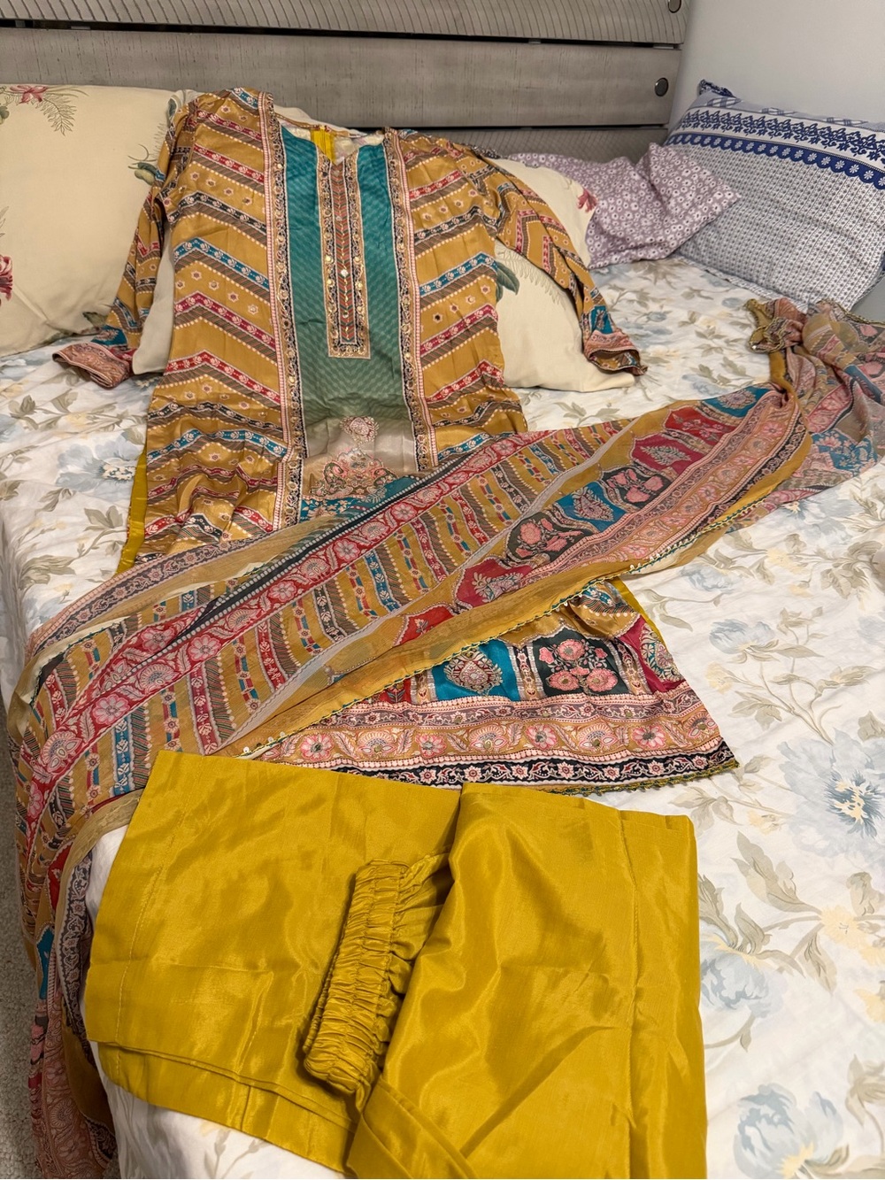 Mustard Yellow Printed Salwar Kameez Set with Teal Accents